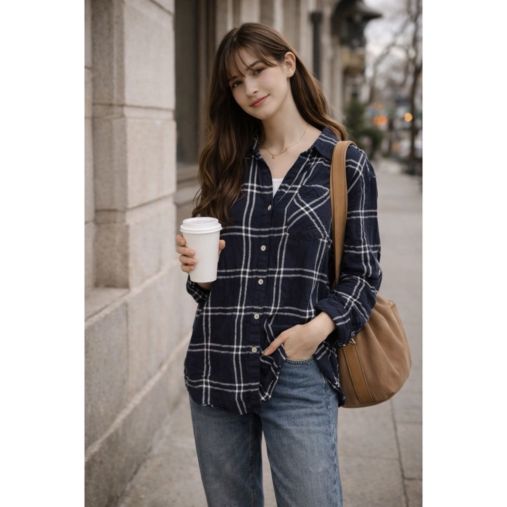Vintage America Shirt Womens S Navy White Plaid Button Front Lightweight